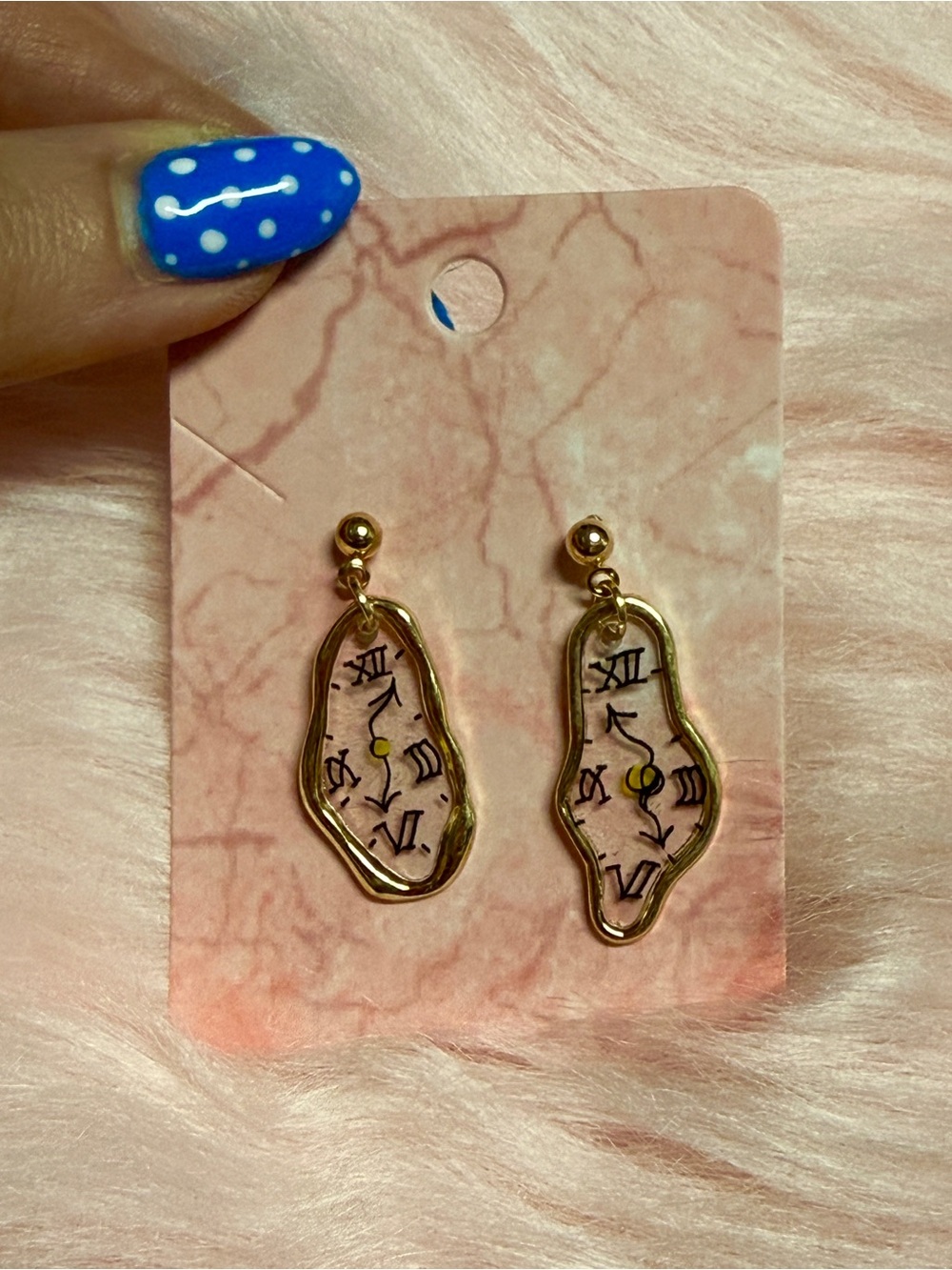 Gold-Tone Pink Surreal Clock Dangle Earrings